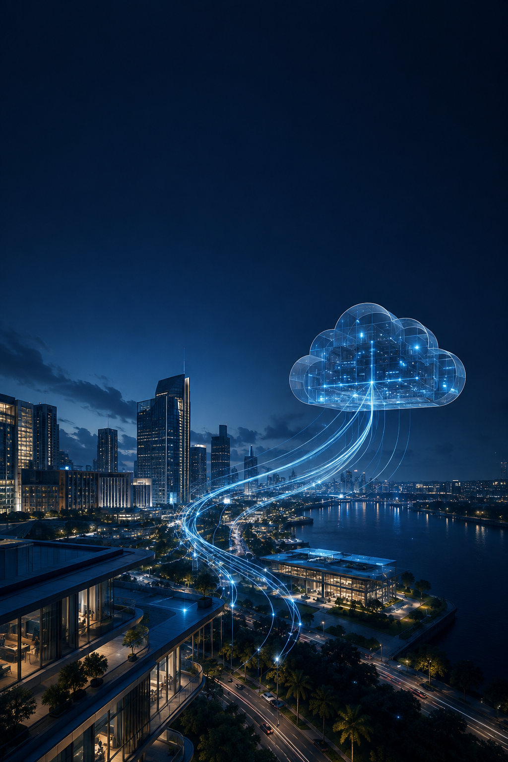 Concept illustration of a connected city and its cloud infrastructure